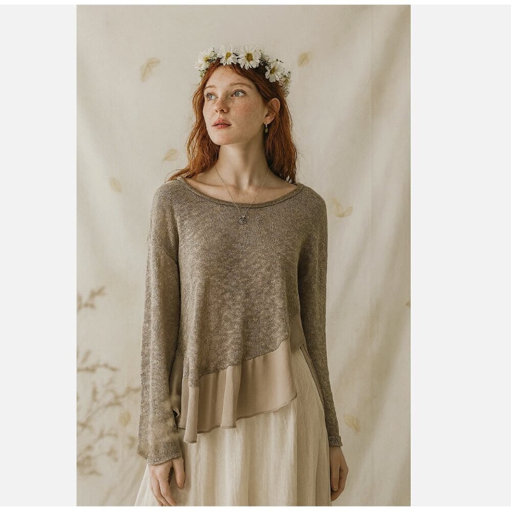 VTG Y2K Deletta Anthropologie Taupe Knit Frayed Trim Sheer Hi-Low